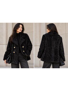 Women's Genuine Karakul Lamb Fur Black Double Breasted Coat M L